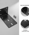 Sturdy L Shaped Corner Brackets with screws for furniture repair and shelf reinforcement 10 pack shown in black iron.