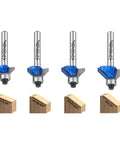 MNA 4-pc 45° chamfer router bits set with 1/4 inch shanks; diameters 1/4, 5/16, 3/8, 1/2 inch, blue-coated cutters.