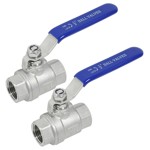 2 Pack One Half Inch Stainless Steel Ball Valve 304 Full Port NPT Female Beefy Heavy Duty Shut Off Valves With Blue Locking Handles For Water Oil And Gas 1000 WOG, showing two valves with blue handles.