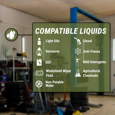 Compatible liquids for Smooth Operator Electric Drum Pump include light oils, diesel, DEF, and agricultural chemicals.