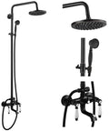 Oil Rubbed Bronze Shower Faucet Set With 8-Inch Rainfall Head, Handheld Sprayer, Dual Lever Handle, Tub Spout, Wall Mount, Triple Function Brass Bath Fixture For A Next-Level Modern Bathroom, displayed as a complete package including detailed views of the shower head, handheld sprayer, and faucet system.