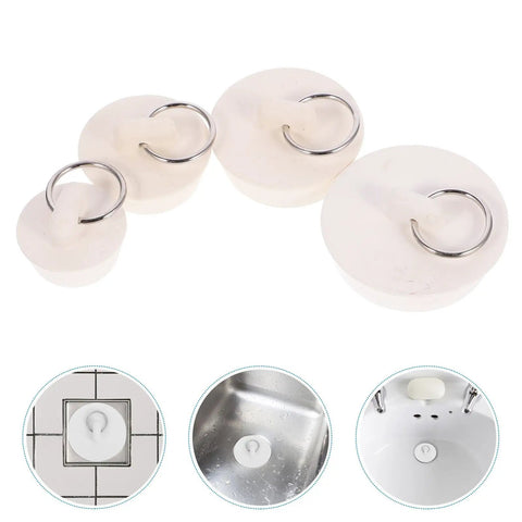 Rubber Bath Tub Drain Stoppers 4pcs with Pull Ring for Basins, varying sizes, suitable for sinks and bathtubs.