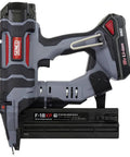 18 Gauge Cordless Brad Nailer With Fusion Air Power Tech Working Smooth As Butter Zero Cord Drag And Ramp Up Nonsense Tool Free Depth Adjustments Dual Drive Switches And Built In LED Sight For Pro Grade Trim Joinery side view showing battery and nail loading.