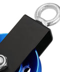 Beefy Aluminum Cable Pulley Wheel Set With Hanging Strap And Snap Hook, 3.5 Inch Snatch Block Rotates 360 Degrees, Heavy Duty Home Gym And DIY Pulley System, Blue close-up with strap and snap hook