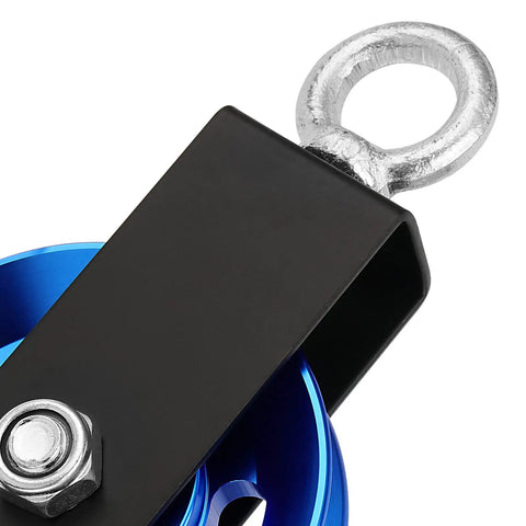 Beefy Aluminum Cable Pulley Wheel Set With Hanging Strap And Snap Hook, 3.5 Inch Snatch Block Rotates 360 Degrees, Heavy Duty Home Gym And DIY Pulley System, Blue close-up with strap and snap hook