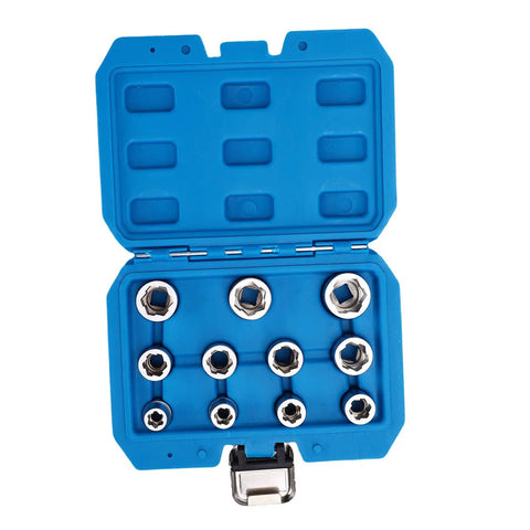 Eleven Piece Three Eighths Inch Drive Impact Extraction Socket Set For Damaged Rusted Rounded Bolts Nuts And Screws With Storage Case