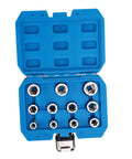 Eleven Piece Three Eighths Inch Drive Impact Extraction Socket Set For Damaged Rusted Rounded Bolts Nuts And Screws With Storage Case