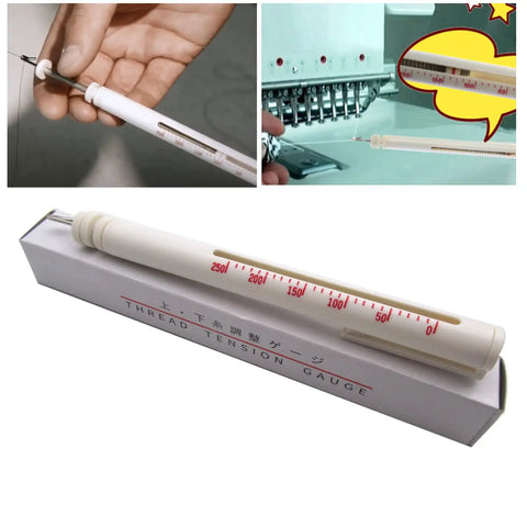 Pencil Style Thread Tension Gauge For Top Thread Tension Adjustment On Commercial Embroidery Machines Compatible With Tajima SWF And Ricoma Pro Grade Quick Readout show casing in use and boxed.
