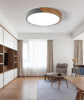 Sleek Modern Round Wood LED Ceiling Light 15.8 Inch Flush Mount Fixture In Gray Minimalist Circular Ceiling Lamp in living room