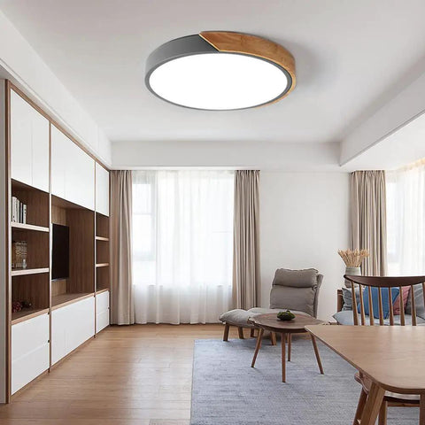 Sleek Modern Round Wood LED Ceiling Light 15.8 Inch Flush Mount Fixture In Gray Minimalist Circular Ceiling Lamp in living room