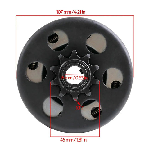 Smooth Operator Centrifugal Clutch For Go Karts And Mini Bikes Featuring 5/8 Inch Bore 10 Tooth Build, top view with dimensions.