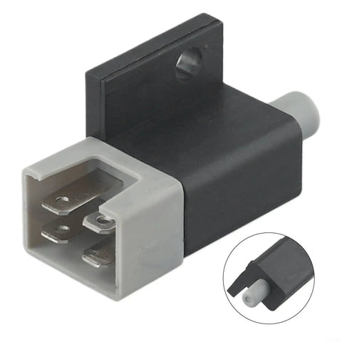 Black and gray plunger safety switch for CADET mowers, replacement part 725-04363, shown at angle with metal connectors visible.