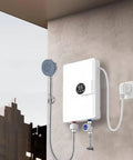Wall Mounted Tankless Electric Water Heater Delivers Killer Hot Shower Flow With 5500 Watt Output Plus Drip Free Safety Guard on wall with shower head.