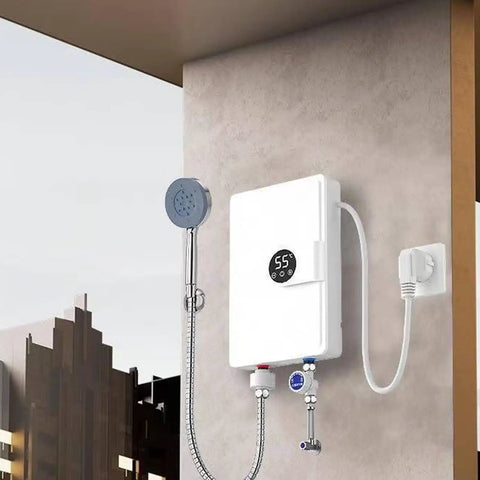 Wall Mounted Tankless Electric Water Heater Delivers Killer Hot Shower Flow With 5500 Watt Output Plus Drip Free Safety Guard on wall with shower head.