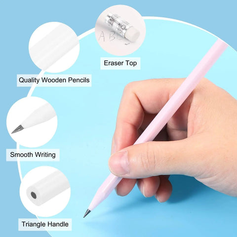 Hand holding Triangular HB Graphite Pencils With Erasers, 12 Pack White Wooden Pencils For Classroom And Office Use, Great For Writing