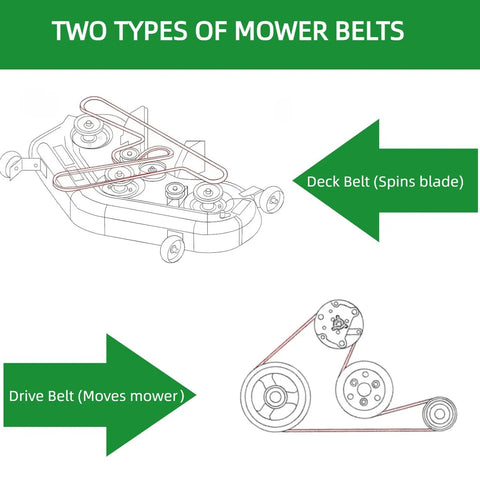 Diagram showing two types of mower belts: deck belt for spinning blades and drive belt for moving mower.