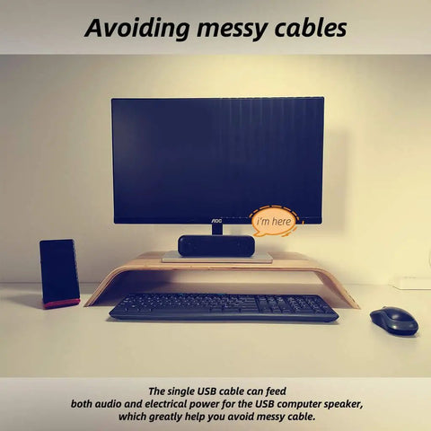 USB Computer Speaker Bar With Stereo Sound And Enhanced Bass on desk setup with monitor and keyboard, plug n play design