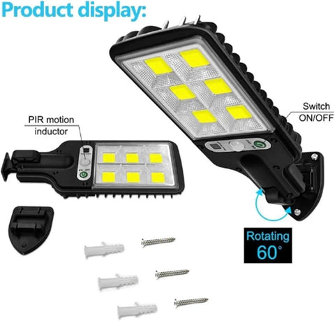 JUDYSSY 128Cob Solar Lights Outdoor Waterproof motion sensor light with remote, featuring adjustable angle and LED panels.