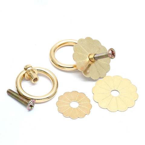 4 Pack Antique Brass Ring Pulls 30mm Diameter Vintage Gold Cabinet Hardware Flower Shape Ring Pull Knobs with screws shown