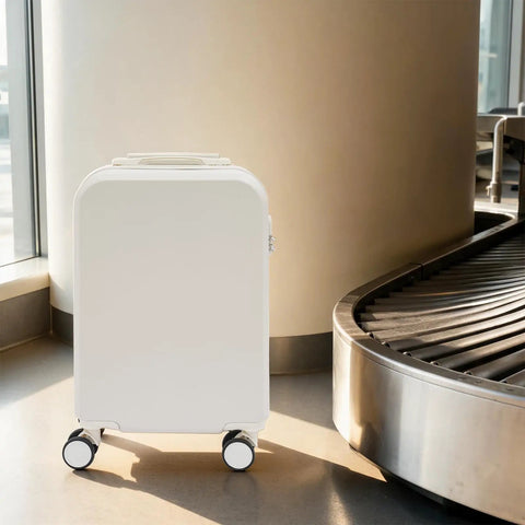 20 Inch Carry On Suitcase With Built In Cup Holder And Usb Charging Port Hardshell Travel Bag next to baggage claim area.