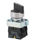Rotary Selector Switch 3 Position Latching Maintained Left Center Right XB2 BD33 22mm 2 NO Contacts 10A 600V Industrial Power Switch For Starters And Contactors, front view with black handle and metal base.