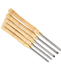 Rock Solid 5 Piece Wood Lathe Turning Tool Set With Durable Cemented Carbide Blades Ideal For Pro Woodworkers Who Need Heavy Duty Gouges And Skew Chisels For Any Crafting Project, featuring five tools with wooden handles.