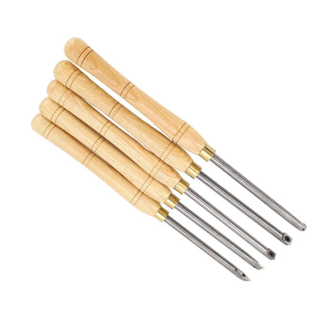Rock Solid 5 Piece Wood Lathe Turning Tool Set With Durable Cemented Carbide Blades Ideal For Pro Woodworkers Who Need Heavy Duty Gouges And Skew Chisels For Any Crafting Project, featuring five tools with wooden handles.