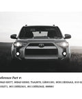 Front view of a Toyota SUV in an open field with reference part numbers displayed.