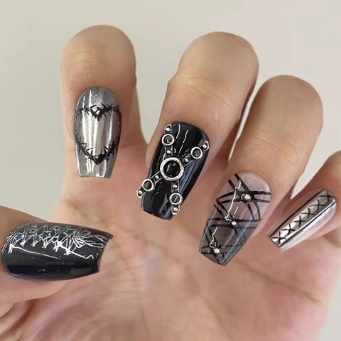 3D Metal Punk Nail Charms Set With Belt Spikes Rivets And Gothic Cross Studs In Silver Black White Mixed Sizes For Dope DIY Manicure Long Lasting Alloy Nail Art Accessories For Women, shown on black and silver nails
