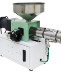 Badass Single Screw Extruder Desktop Machine For Custom 3D Printer Filament Production With Precision Heating And Smooth Plastic Output For Abs Pla Petg Tpu Tpe Peek Pcl Using One Inch Diameter And 110 Volt Power For Solid Continuous Extrusion, featuring stainless funnel and motor.
