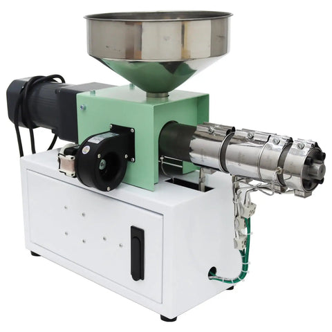 Badass Single Screw Extruder Desktop Machine For Custom 3D Printer Filament Production With Precision Heating And Smooth Plastic Output For Abs Pla Petg Tpu Tpe Peek Pcl Using One Inch Diameter And 110 Volt Power For Solid Continuous Extrusion, featuring stainless funnel and motor.