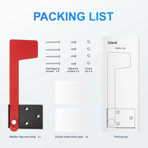 Heavy-Duty Galvanized Mailbox Flag Kit With Sinking-Fixed Design, Replacement Flag displayed with screws and packing box