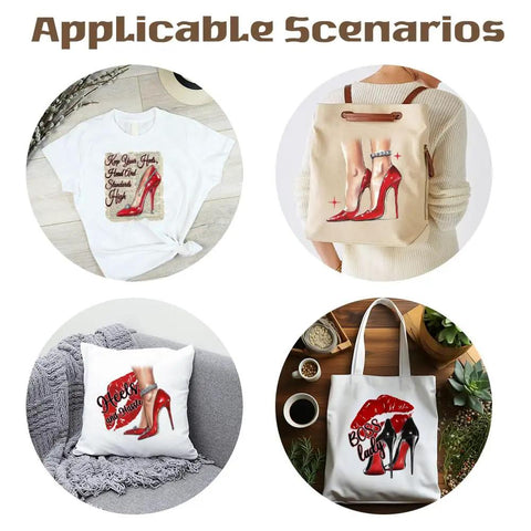 4 Pack High Heels Iron On Transfer Patches Red Lips Colorful Heat Transfer Stickers on tees, tote bags, and pillows. DIY Clothing Ready To Press DTF Transfers For Women.