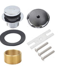 Single Hole Bathtub Drain Kit Silver Plastic Overflow components including push drain, rubber gasket, metal screws, and adapter.