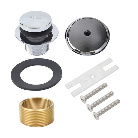 Single Hole Bathtub Drain Kit Silver Plastic Overflow components including push drain, rubber gasket, metal screws, and adapter.