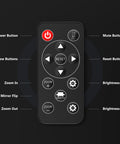 Remote control for NexiGo N970P 4K Webcam With Onboard Storage, AI Auto Framing, showing buttons for power, mute, and brightness.