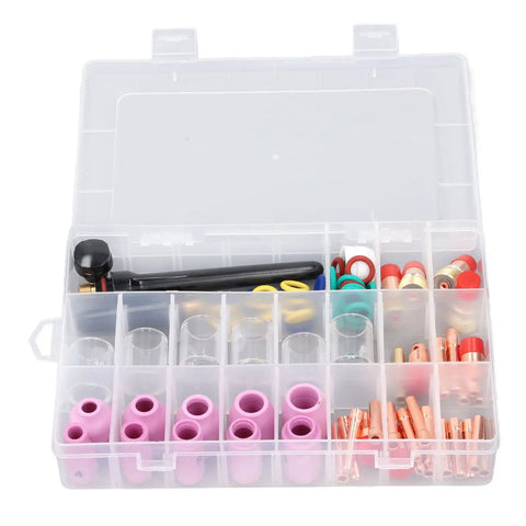 Premium TIG Welding Torch Kit With Gas Lens Type 10 Glass Ceramic Cup And Copper Accessories Designed For WP17 WP18 WP26 Argon Arc Guns in transparent case.
