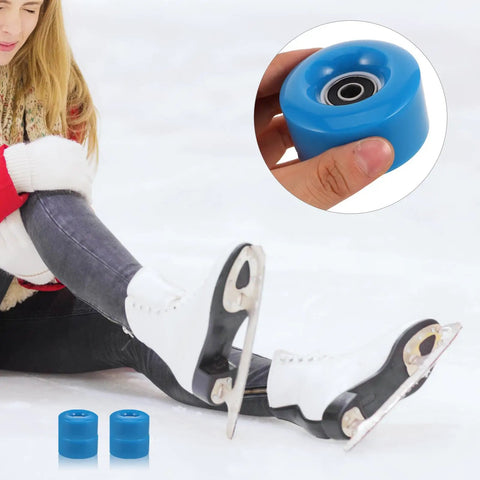 Navy Pu Quad Roller Skate Wheels Set With Wrench shown with ice skater and close-up of blue wheel.
