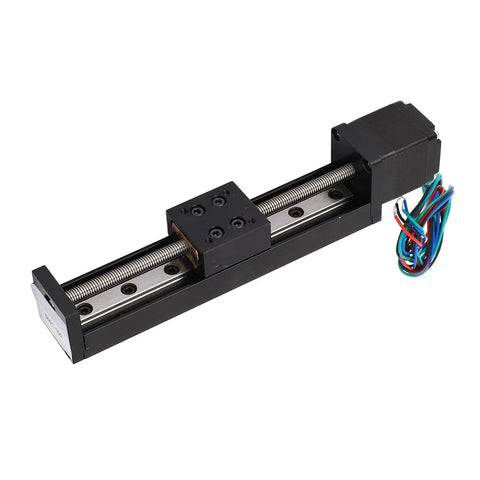 Side view of mini linear rail slide actuator with NEMA-11 stepper motor, 100 mm travel, black aluminum body.