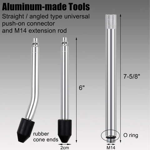 Front view of aluminum automotive leak-down tester kit: two short rubber-cone rods and a long M14 extension rod.
