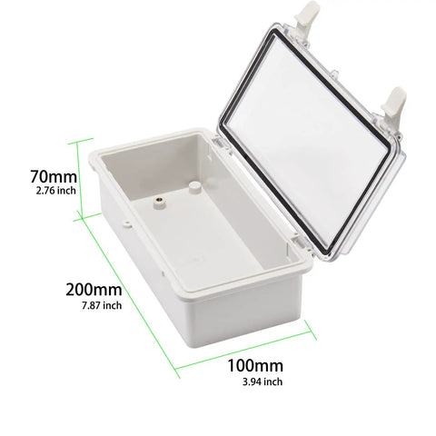 IP67 Waterproof Outdoor Junction Box With Secure Plastic Latch Rock Solid ABS Electrical Enclosure 7.9 X 3.9 X 2.8 Inches open showing dimensions.