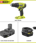 P215K Eighteen Volt One Plus Cordless Drill Driver Kit with One Point Five Ah Battery and Eighteen Volt Charger shown with components