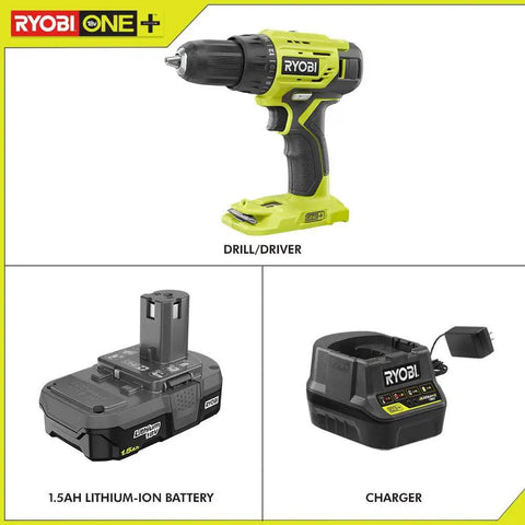 P215K Eighteen Volt One Plus Cordless Drill Driver Kit with One Point Five Ah Battery and Eighteen Volt Charger shown with components