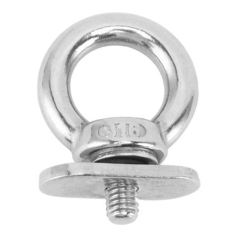 Stainless steel eyelet from 6 Pack Track Mount Beefy Tie Down Eyelets Stainless Steel Eye Bolt Anchor Kit, top view, showing thread and loop design.