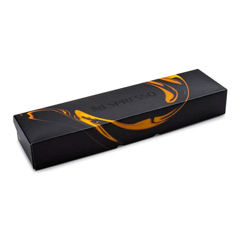 Nespresso coffee capsule box with black and orange design, rectangular, packaging for Nespresso machines.