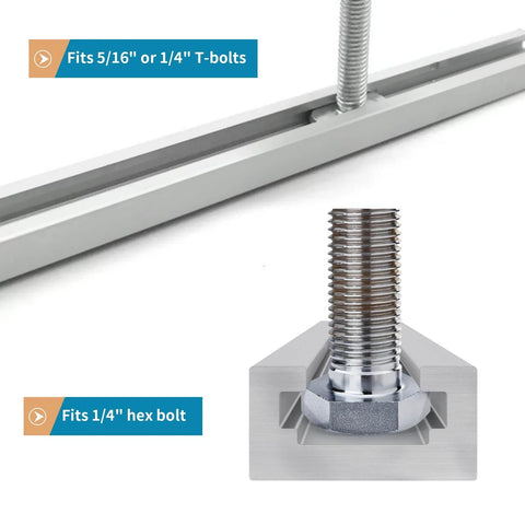 Close-up of 12 Inch Aluminum T Track Rails Set Of 2 With Double Cut T Slot for woodworking showing bolt compatibility.
