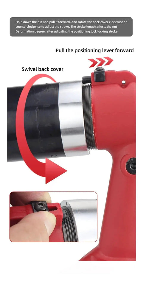 Close-up of a Rivet Nut Gun Kit Set Hydraulic Pneumatic Riveter For M3 To M12 showing positioning lever and swivel back cover.
