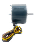 Straight Up 1/4 HP AC Condenser Fan Motor 208-230V 1100 RPM Simple Swap Replacement For Carrier And Bryant HVAC Equipment With Matched Capacitor And CCW Shaft side view with wiring.