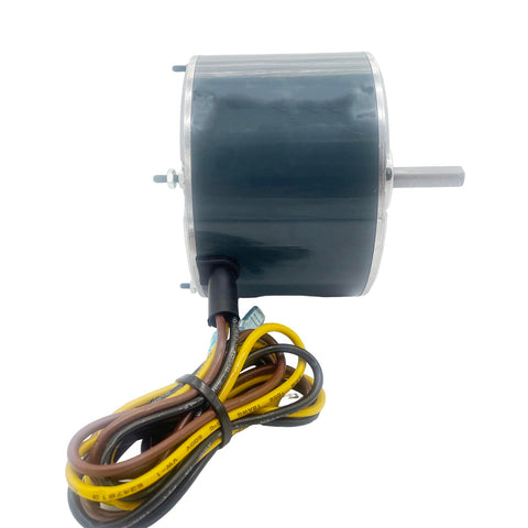 Straight Up 1/4 HP AC Condenser Fan Motor 208-230V 1100 RPM Simple Swap Replacement For Carrier And Bryant HVAC Equipment With Matched Capacitor And CCW Shaft side view with wiring.