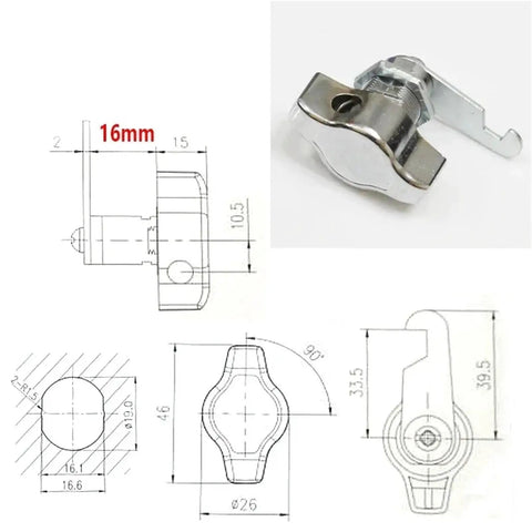 Keyless Cam Lock Handle For Drawers And Cabinets With Hook, Zinc Alloy Locker Lock dimensions and design blueprint